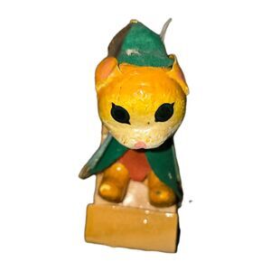 Elf Cat Ornament Clara Paper Mache Anthropomorphic Sledding Hand Painted w Tag